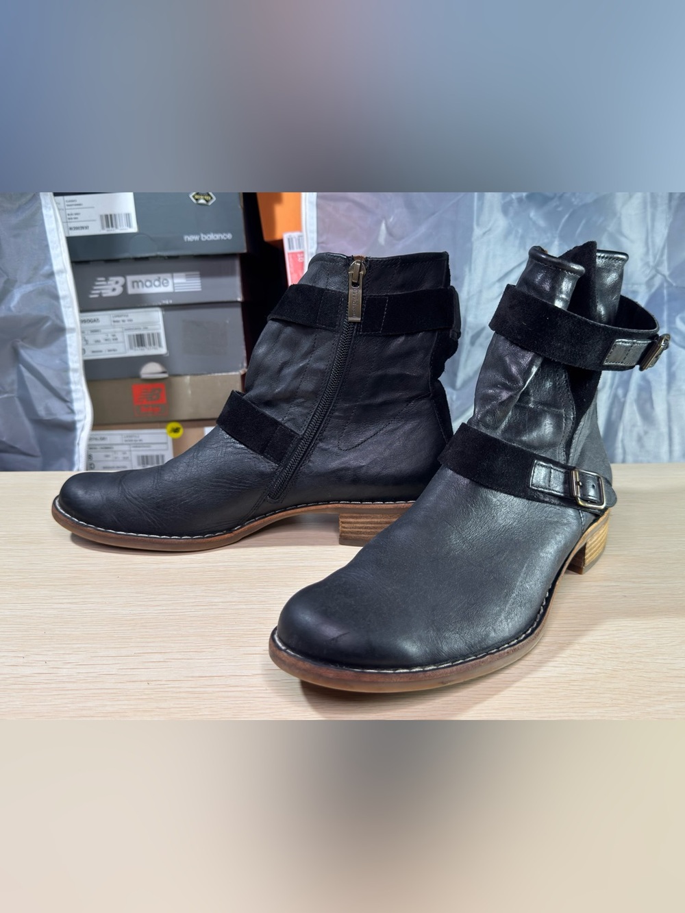 Paul Green Ally Black Leather Moto Boots Women Size 7
